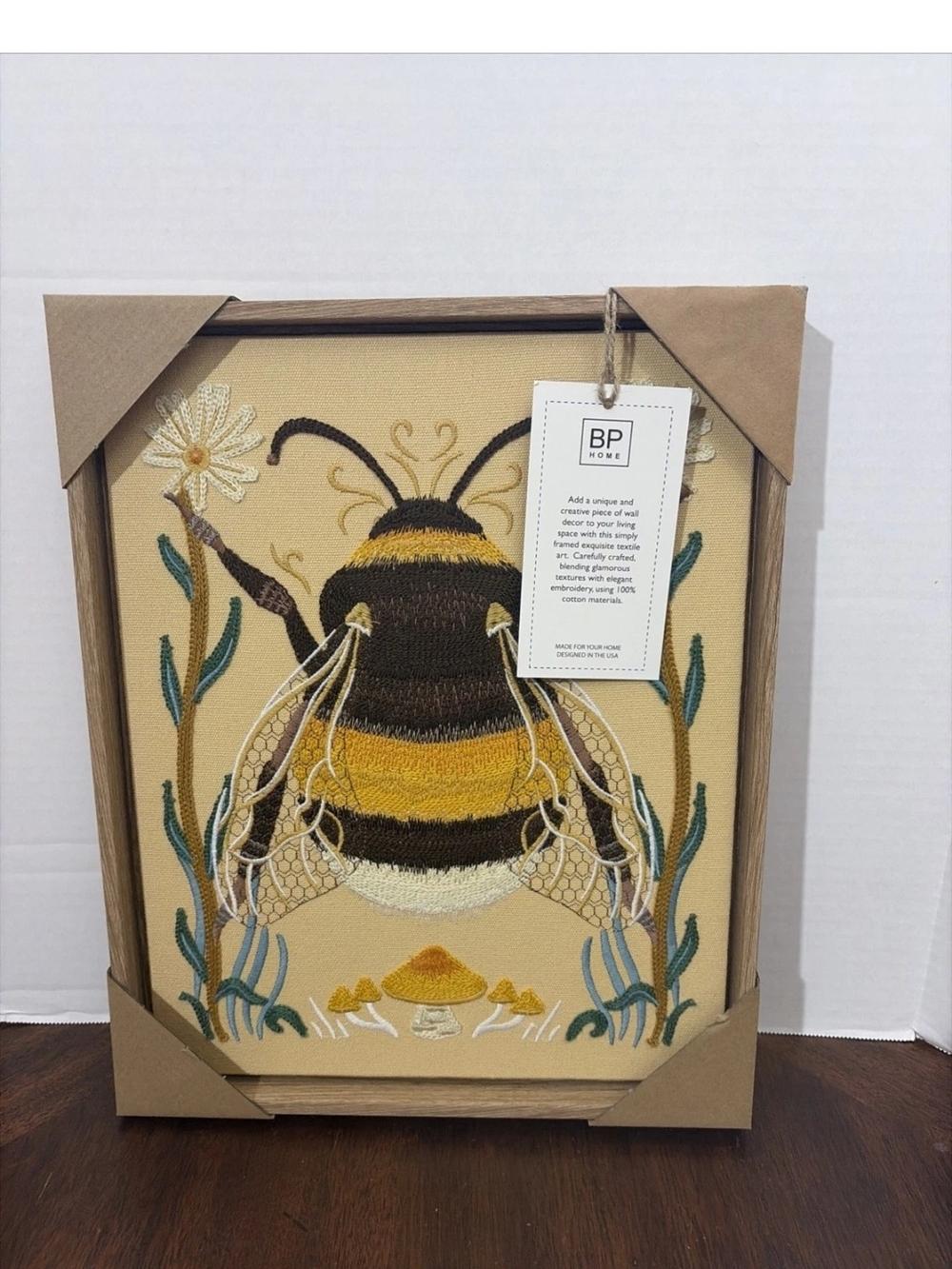 bp Yellow & Brown Embroidered Bee Home Woven Wall Art 12 x 15 inch NWT - Picture 3 of 7